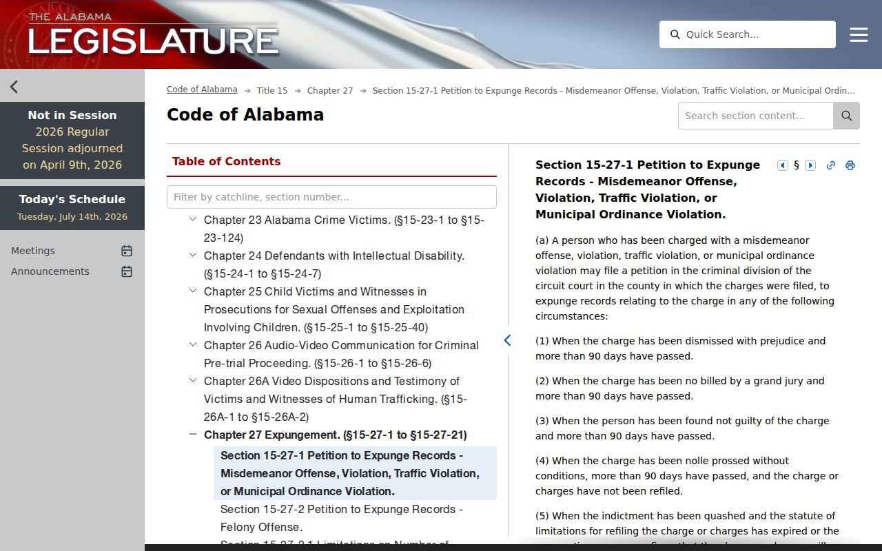Alabama expungement eligibility statute for criminal court records