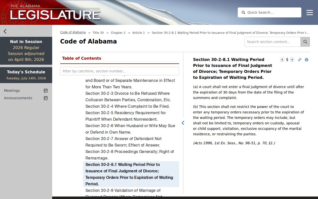 Lawrence County divorce records Alabama waiting period statute